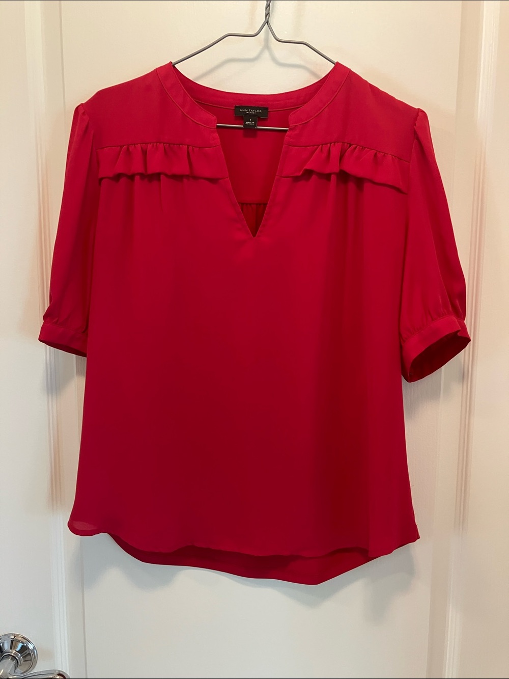 Ann Taylor Red Split V-Neck Ruffle Shoulder Blouse